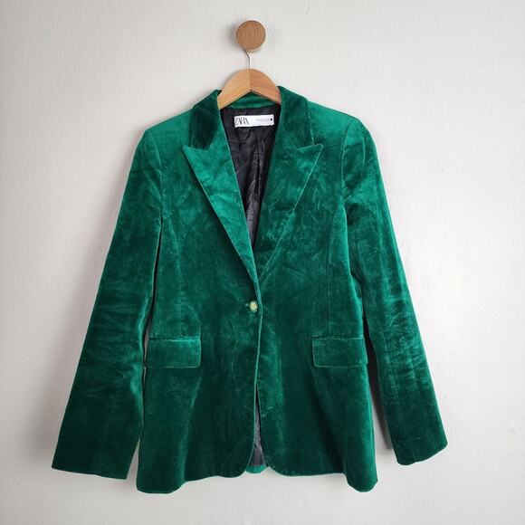 Zara Limited Edition Emerald Green Single Breasted Velvet Blazer - Picture 1 of 13